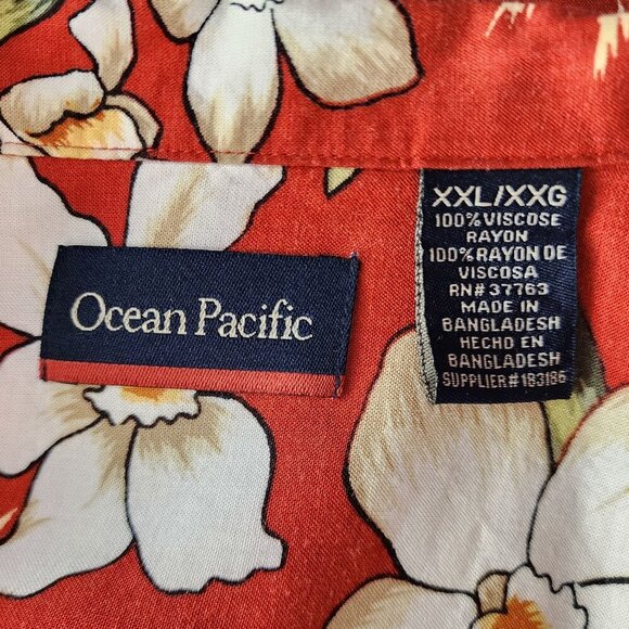 Vintage OP Ocean Pacific Tropical Floral Burnt Orange Hawaiian Shirt Mens XXL - Picture 8 of 10